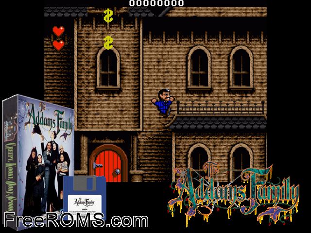 Addams Family Amiga game showing 3D box cover and gameplay screenshot